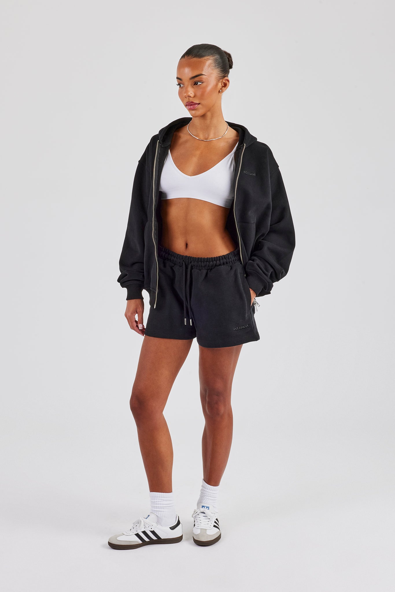 Zip Through Hoodie & Embroidered Short - Black