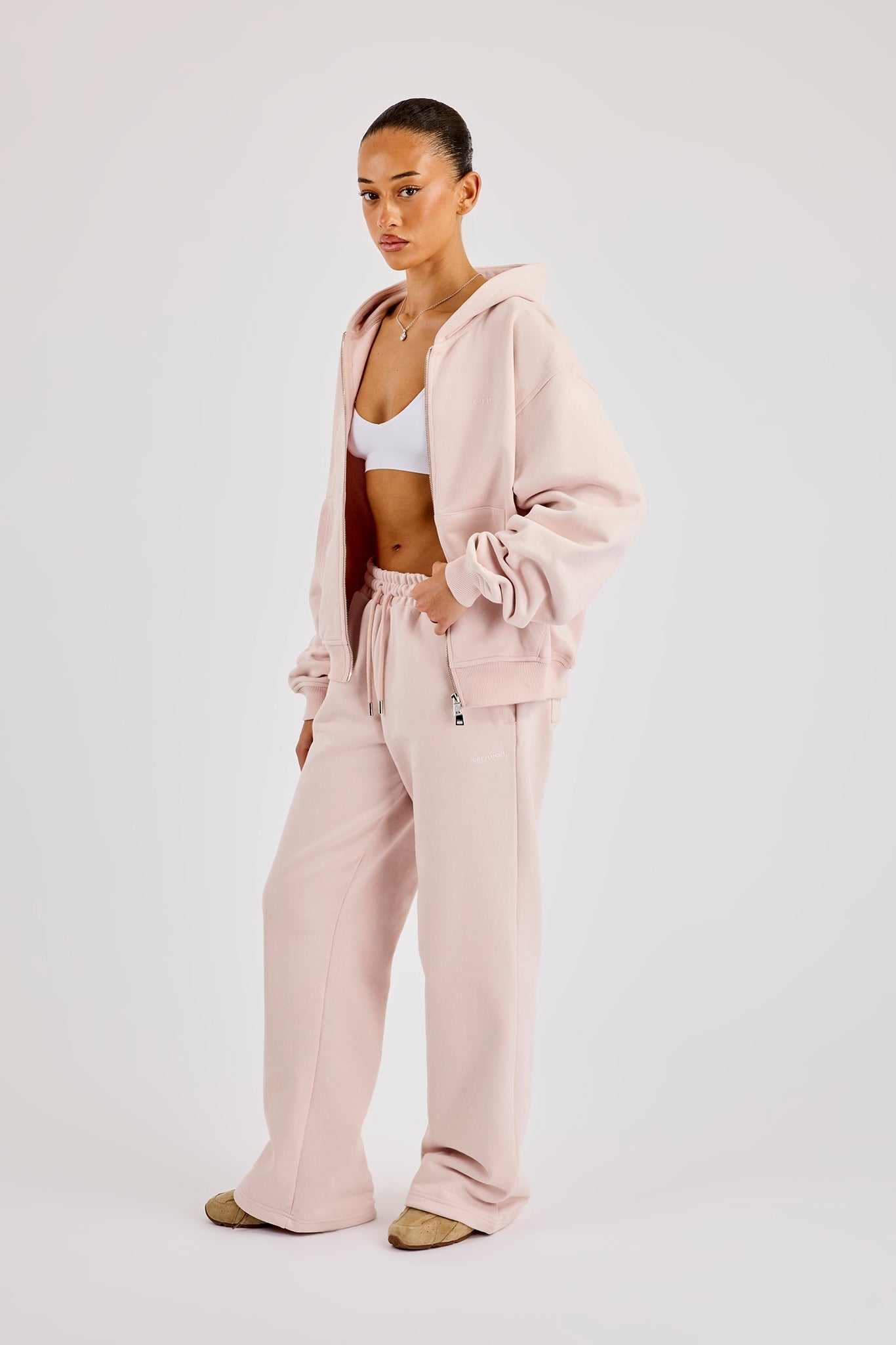 Oversized Zip Through Hoodie & Wide Leg Jogger- Dusty Pink
