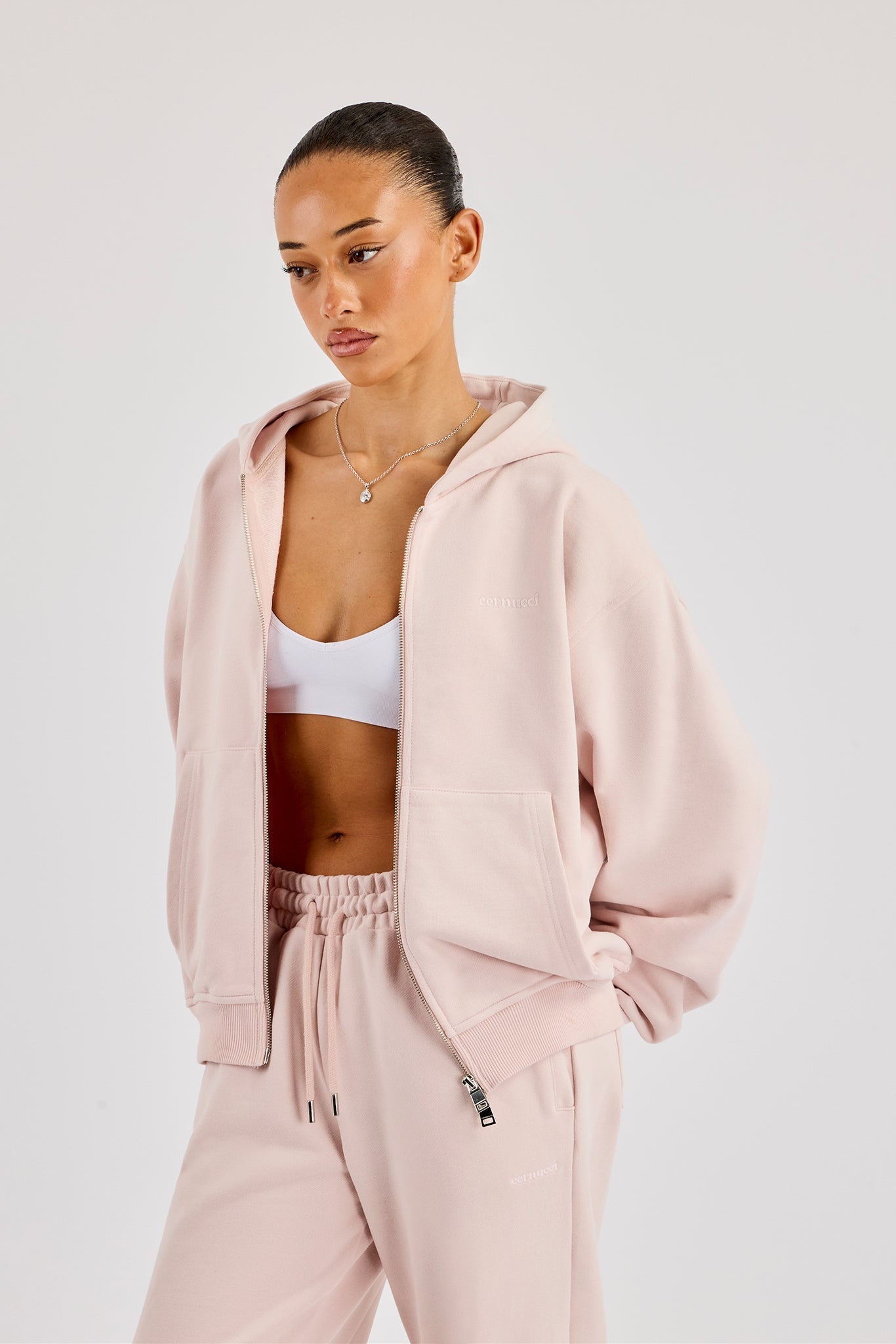 Oversized Zip Through Hoodie - Dusty Pink