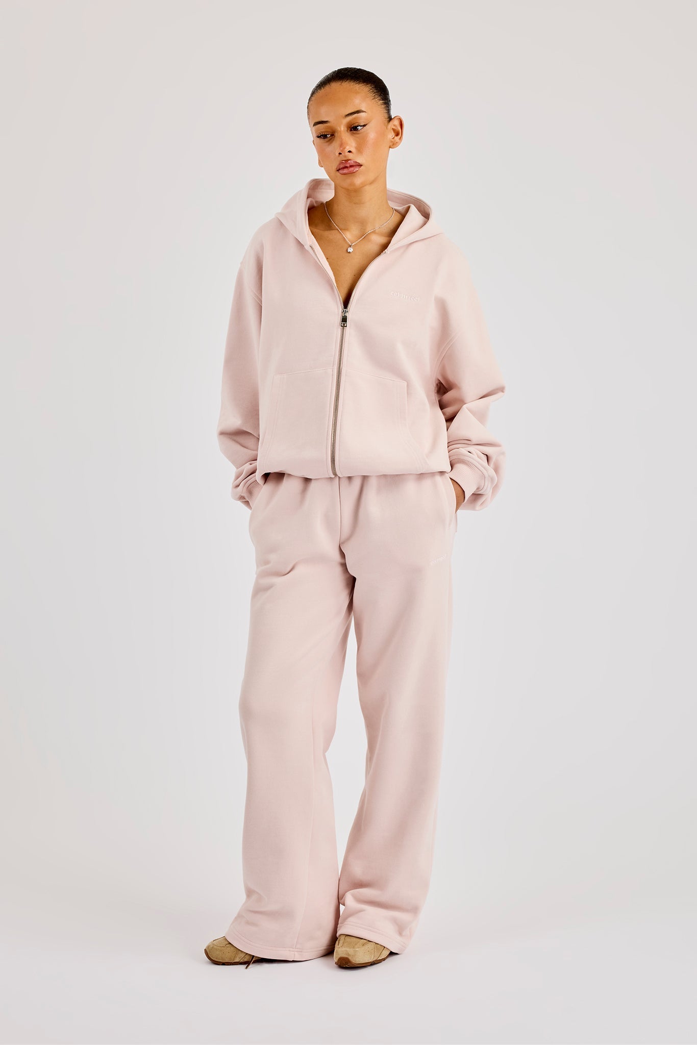 Oversized Zip Through Hoodie & Wide Leg Jogger- Dusty Pink