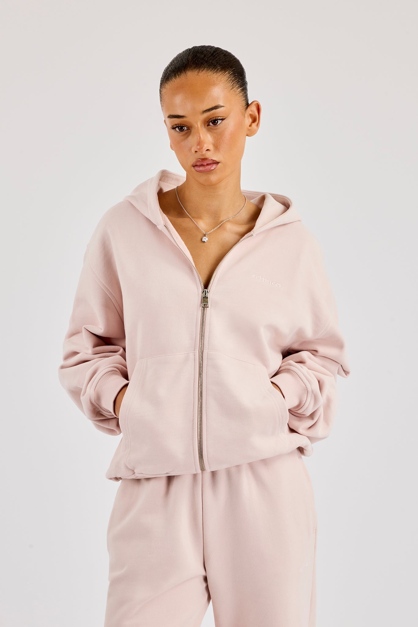 Oversized Zip Through Hoodie - Dusty Pink
