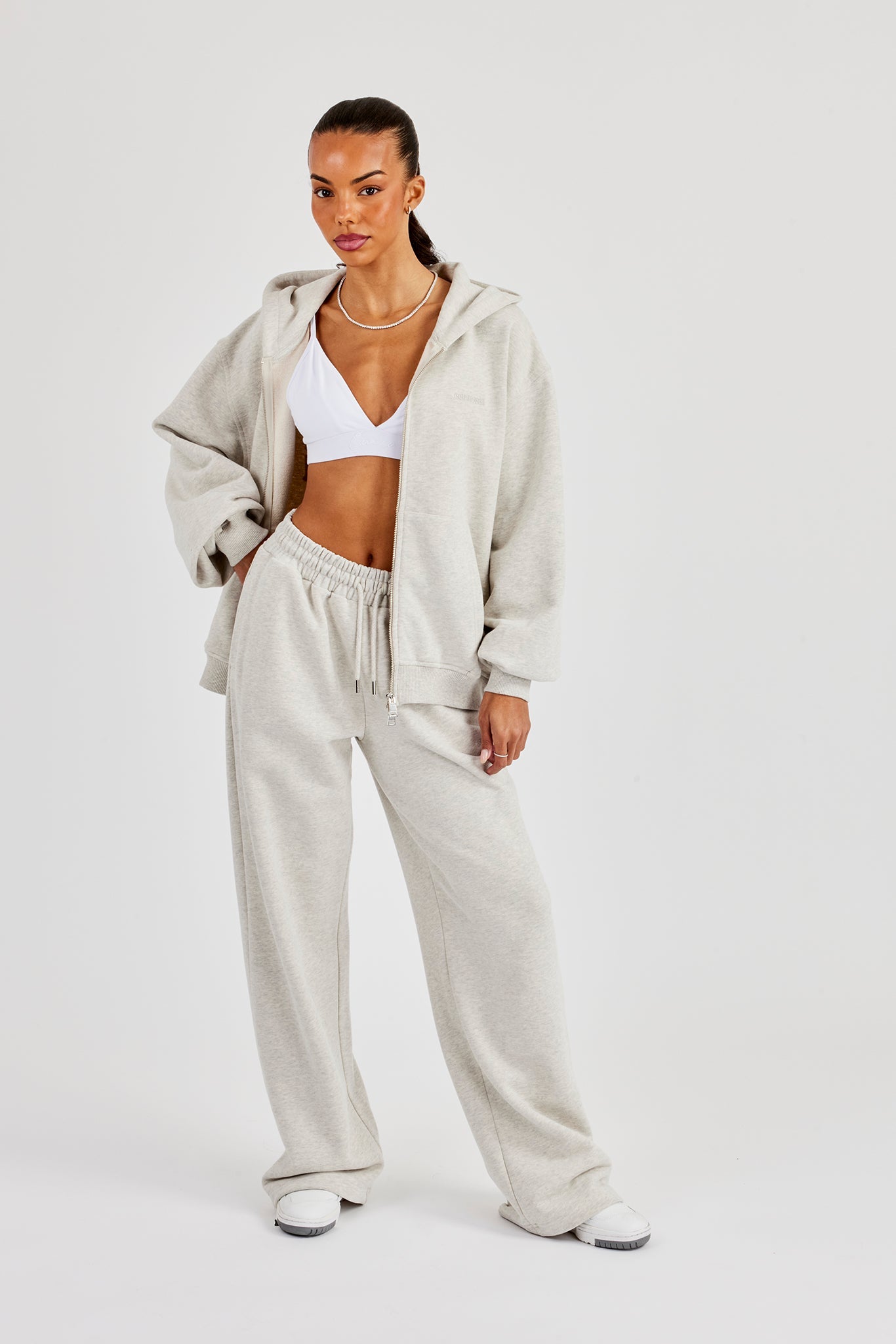 Oversized Zip Through Hoodie & Embroidered Wide Leg Jogger - Ash Grey