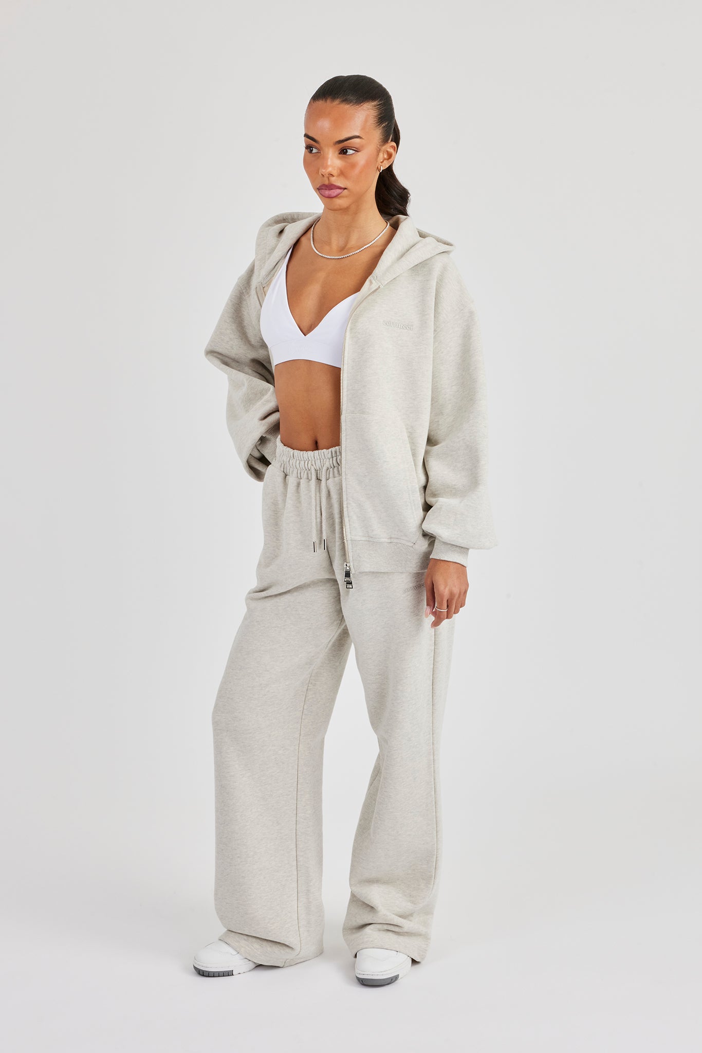 Oversized Zip Through Hoodie & Embroidered Wide Leg Jogger - Ash Grey