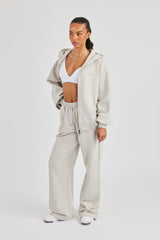 Oversized Zip Through Hoodie & Embroidered Wide Leg Jogger - Ash Grey