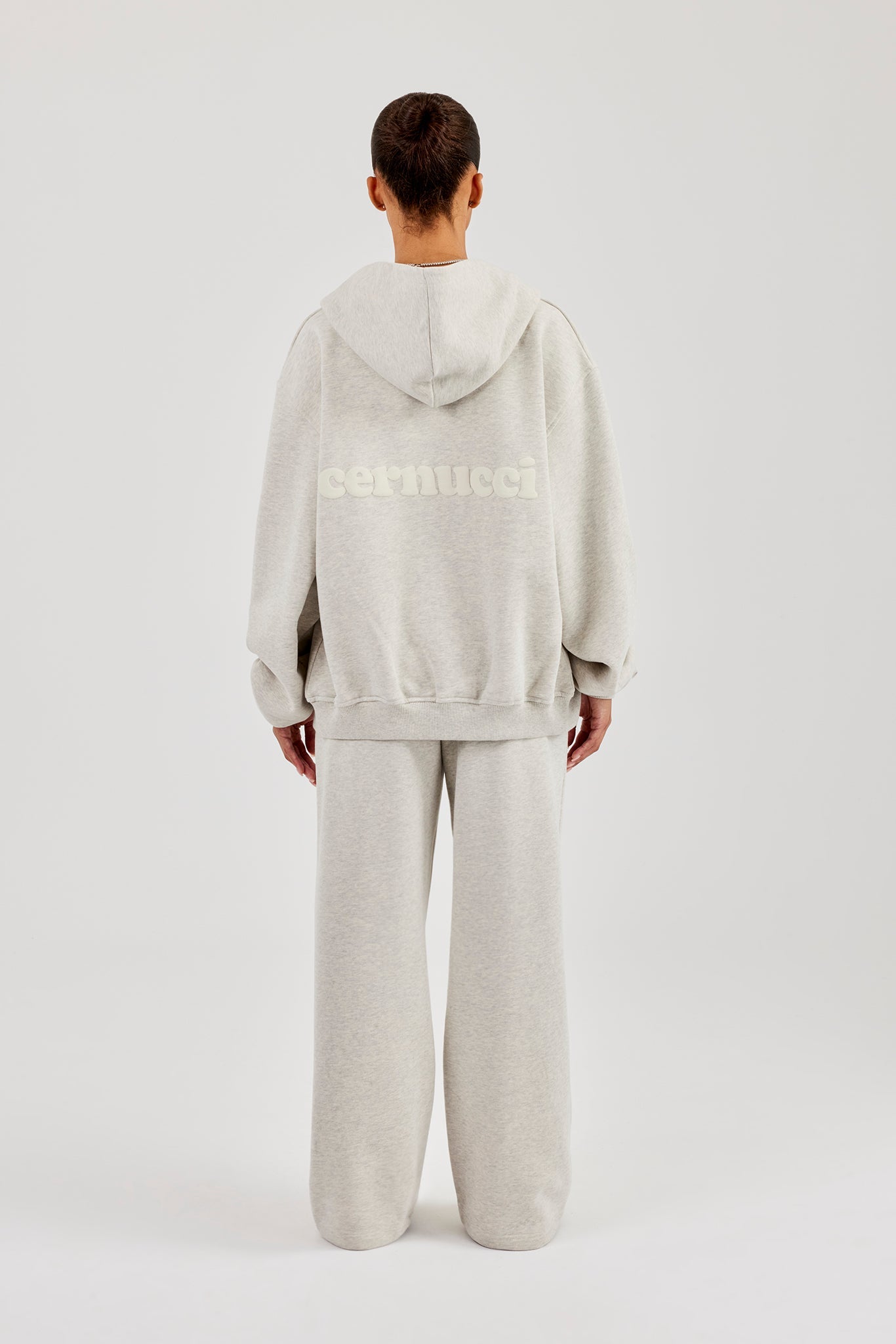 Oversized Zip Through Hoodie & Embroidered Wide Leg Jogger - Ash Grey