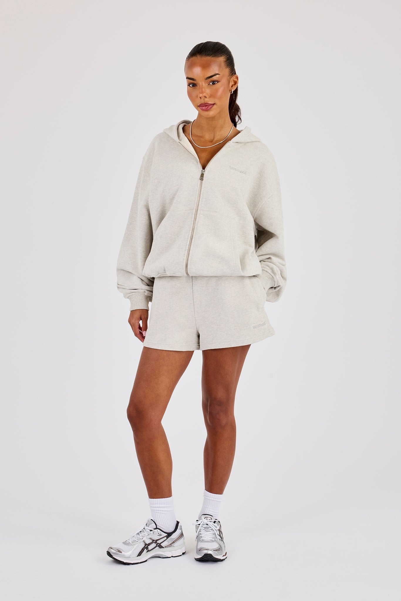 Cernucci Oversized Zip Through Hoodie & Embroidered Short – Ash Grey