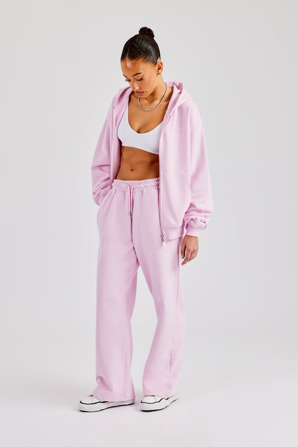 Oversized Zip Through Hoodie & Embroidered Wide Leg Jogger - Pink