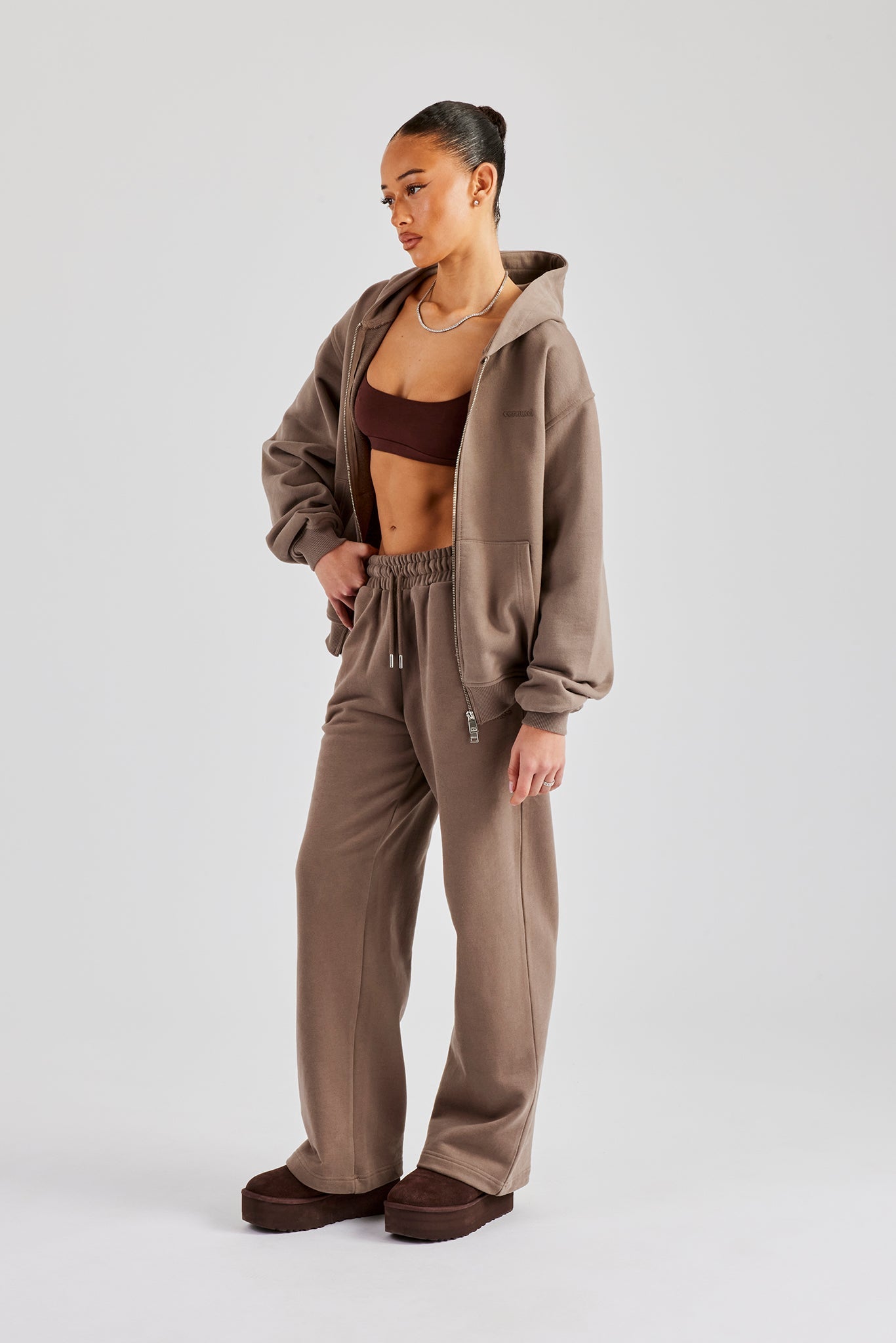 Oversized Zip Through Hoodie & Embroidered Wide Leg Jogger - Taupe