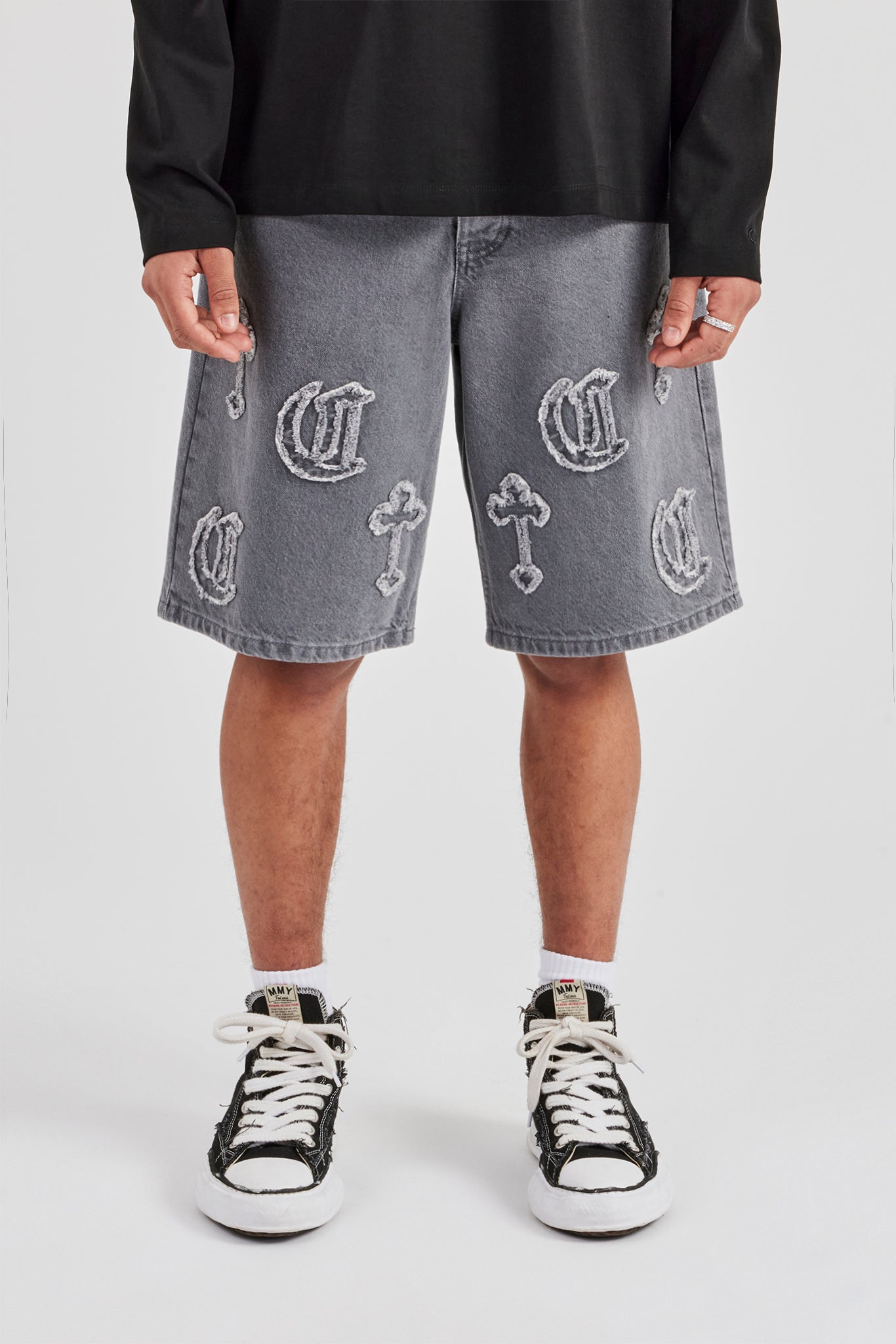 Raw Edge Applique Cross Jort - Washed Grey