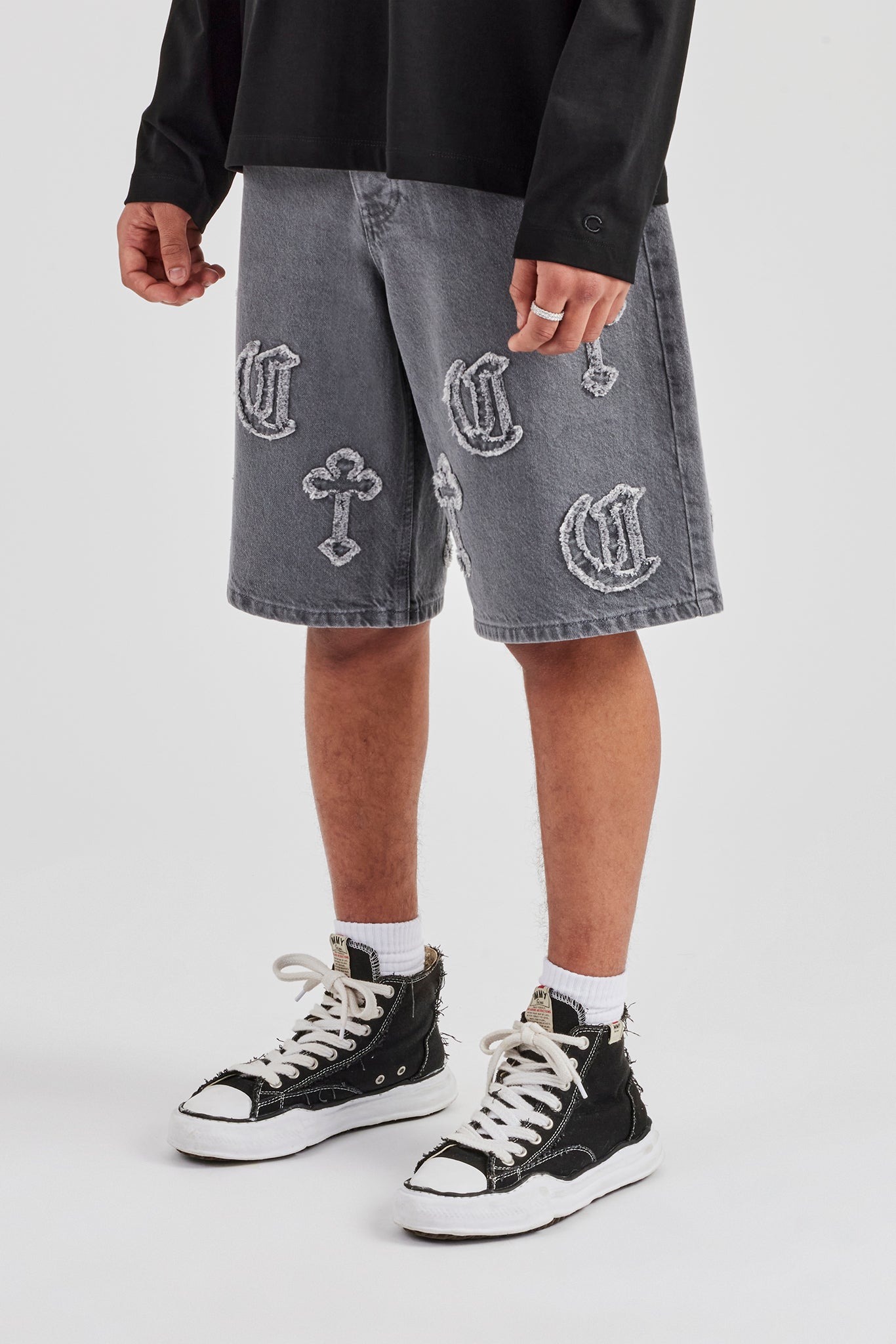 Raw Edge Applique Cross Jort - Washed Grey