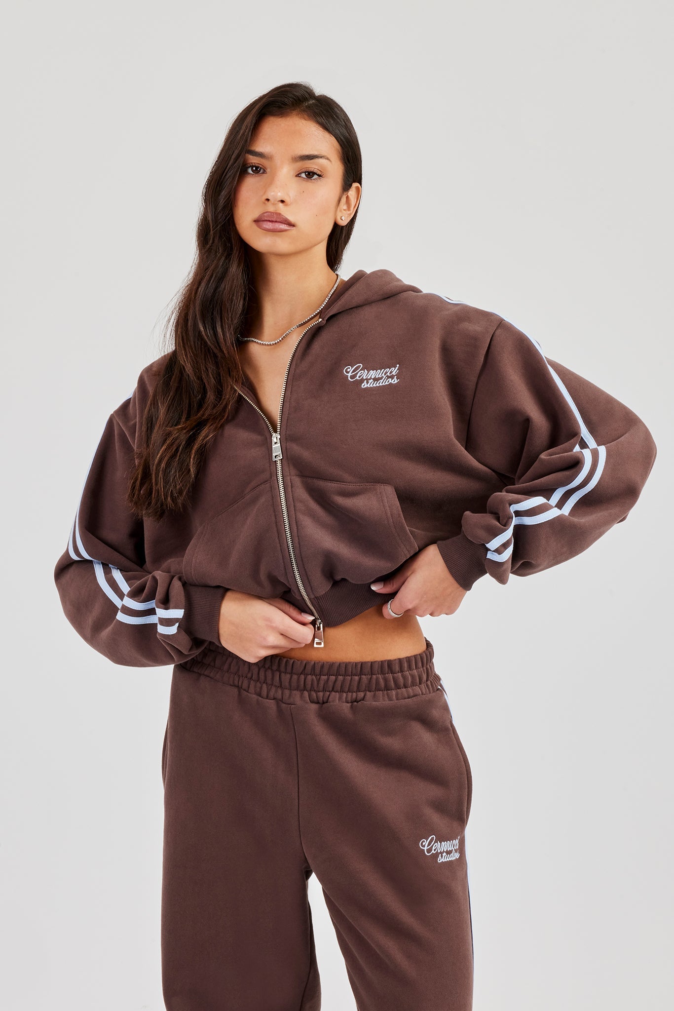 Studios Taping Boxy Zip Through Hoodie - Chocolate