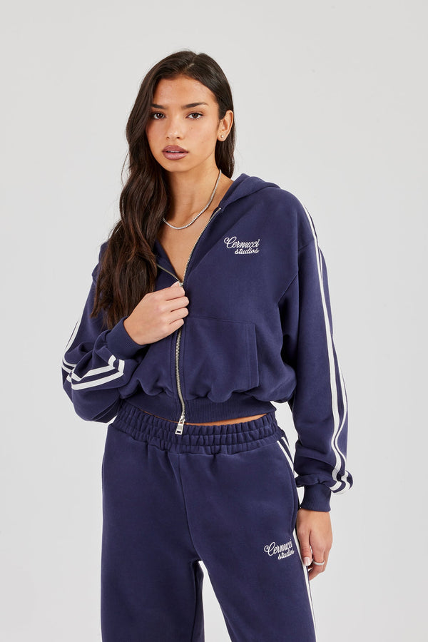 Studios Taping Boxy Zip Through Hoodie - Navy Blue