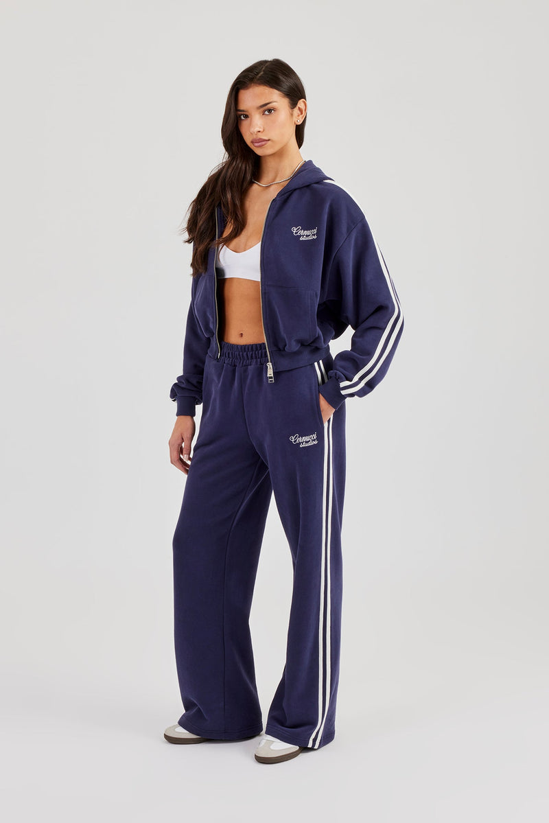 Studios Taping Boxy Zip Through Hoodie & Wide Leg Jogger - Navy Blue