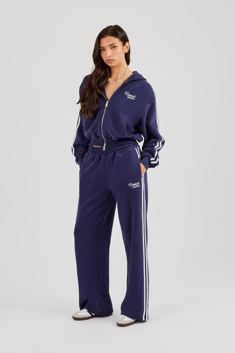 Studios Taping Boxy Zip Through Hoodie & Wide Leg Jogger - Navy Blue