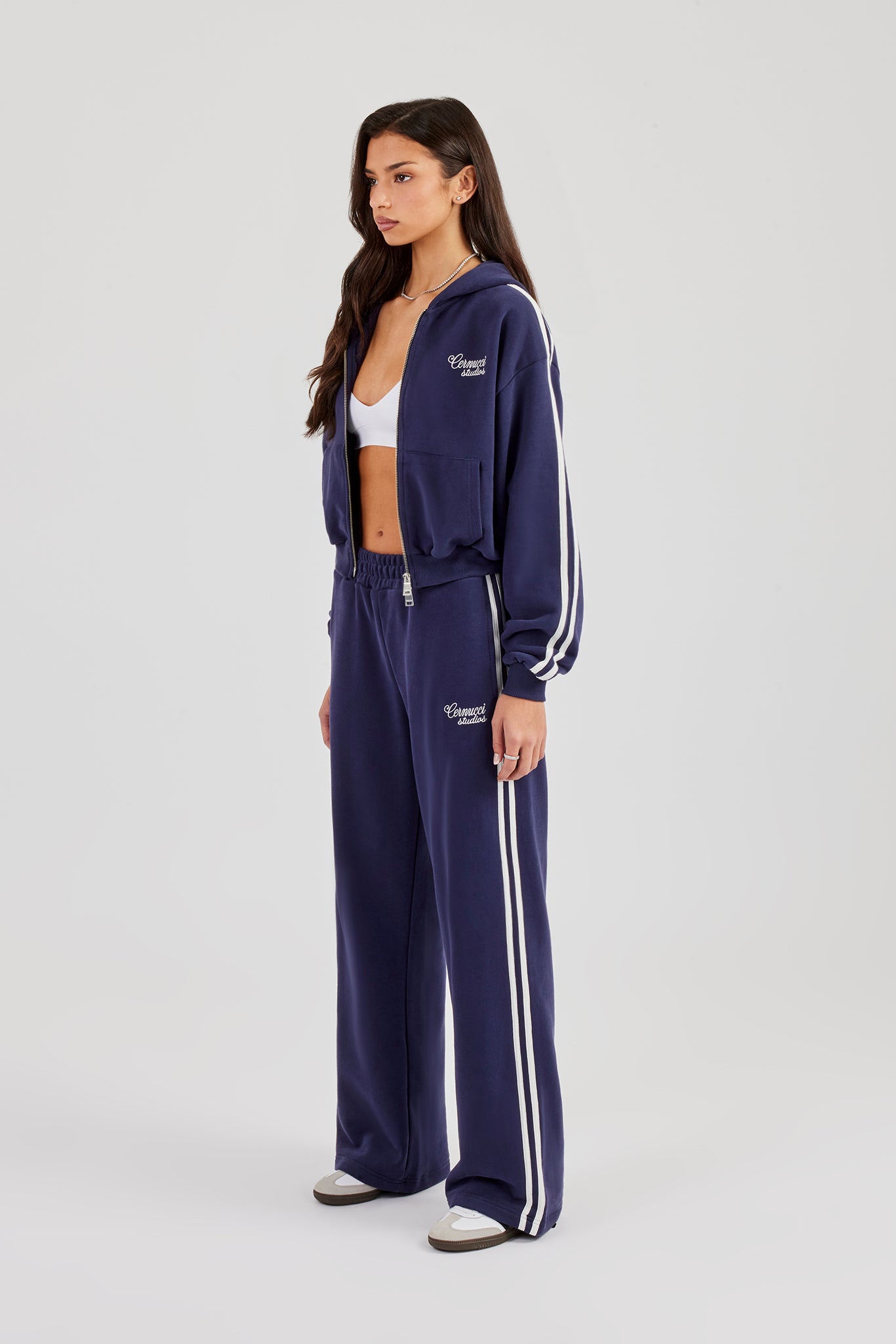 Studios Taping Boxy Zip Through Hoodie & Wide Leg Jogger - Navy Blue
