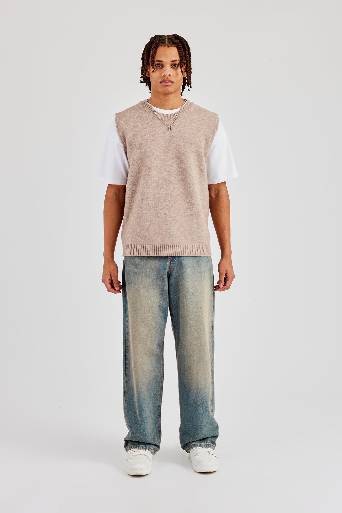 Brushed Knit Sleeveless Vest - Stone