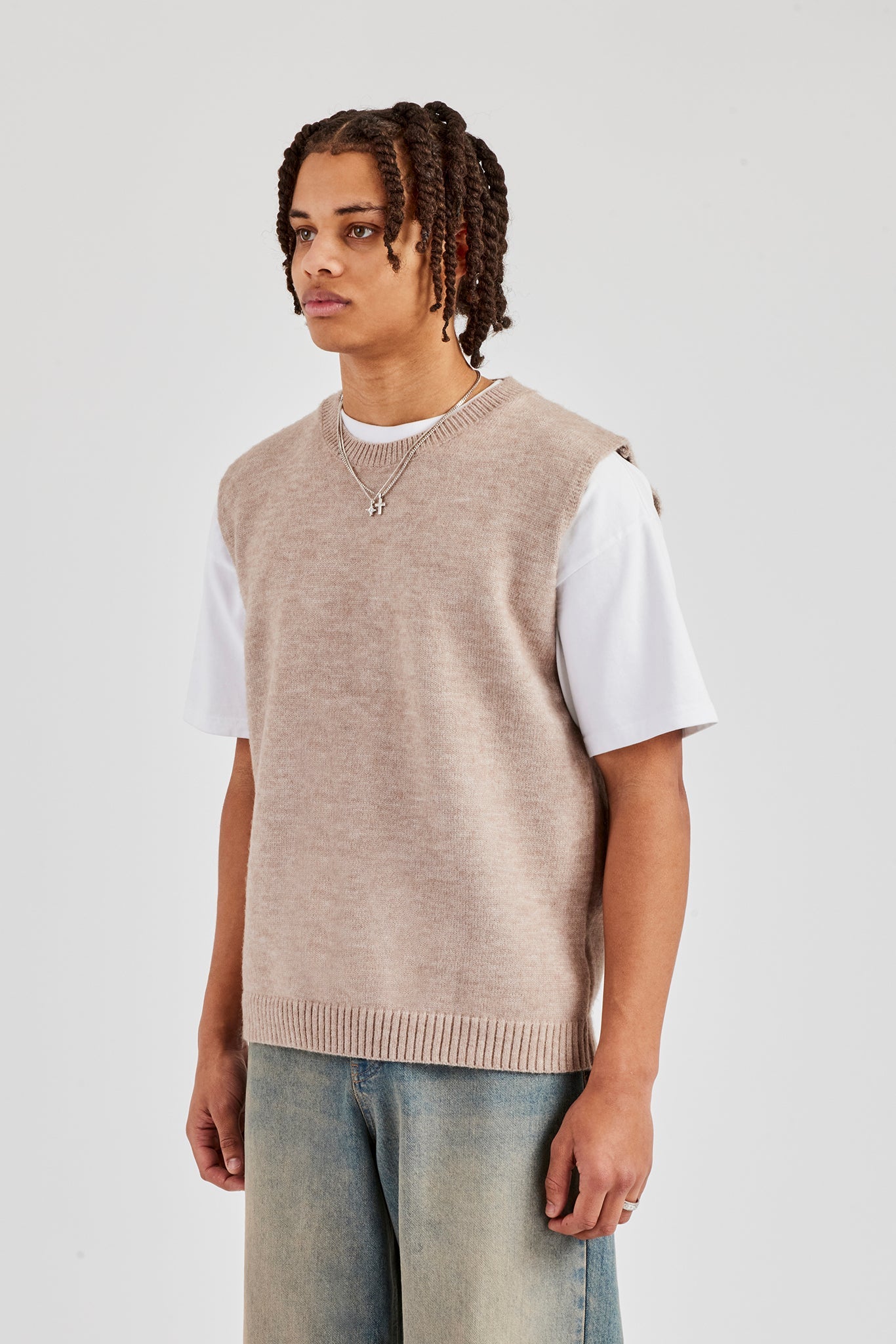 Brushed Knit Sleeveless Vest - Stone