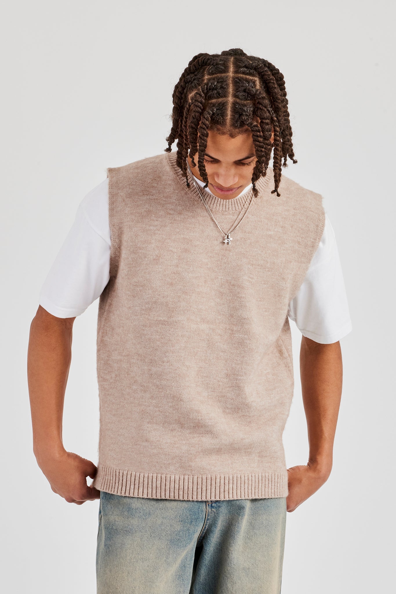 Brushed Knit Sleeveless Vest - Stone