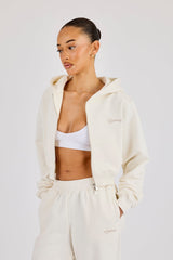 Cropped Embroidered Logo Zip Through Hoodie - Off White