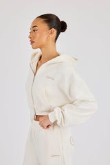 Cropped Embroidered Logo Zip Through Hoodie - Off White