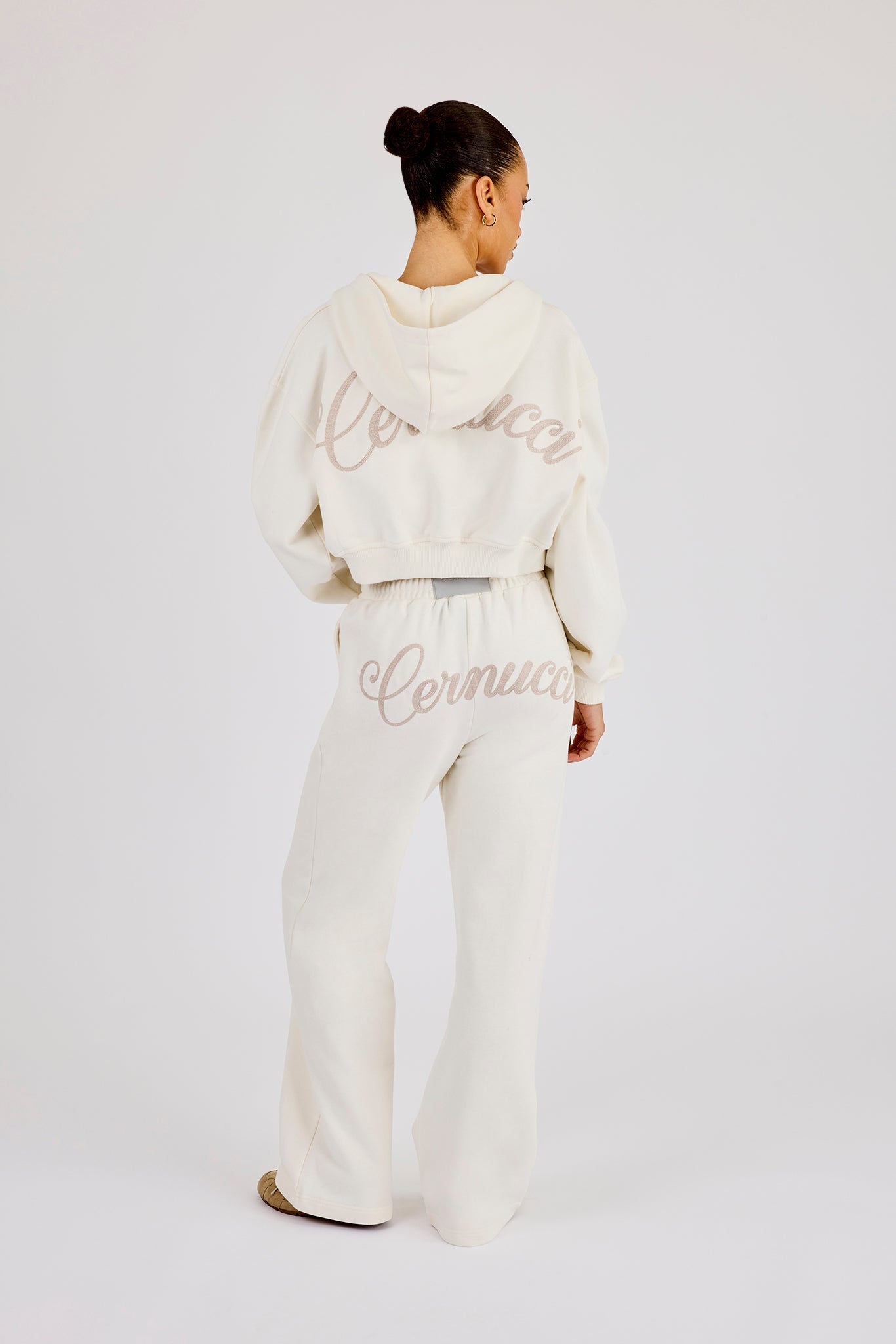 Cropped Embroidered Logo Zip Through Hoodie & Wide Leg Jogger - Off White