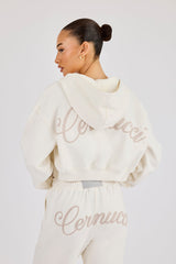 Cropped Embroidered Logo Zip Through Hoodie - Off White