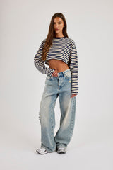 Cropped Striped Tab T-Shirt - Navy Blue