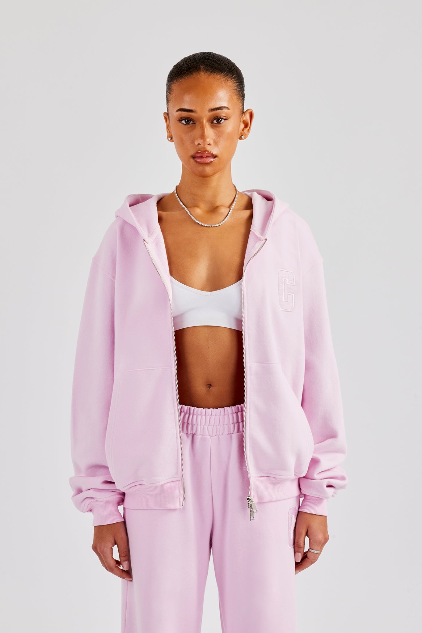 Embroidered C Zip Through Hoodie - Pink | Womens Hoodies & Sweats