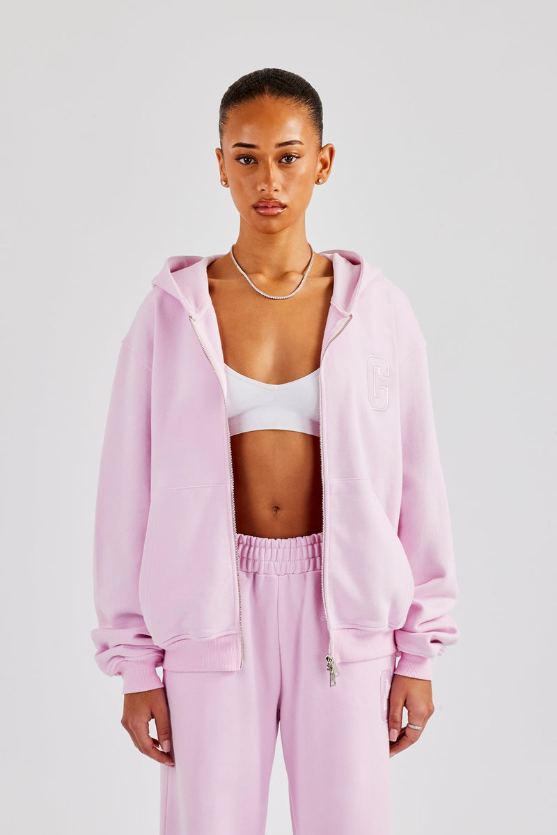 Embroidered C Zip Through Hoodie - Pink