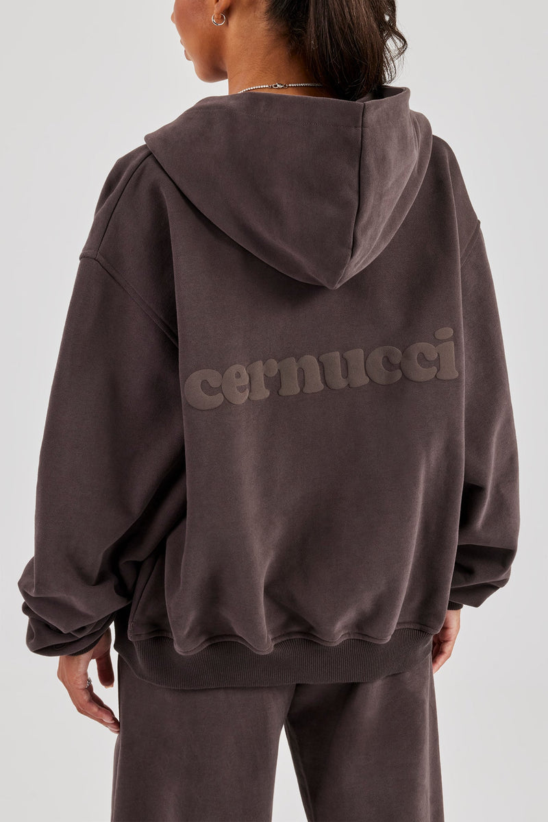 Oversized Zip Through Hoodie - Coffee