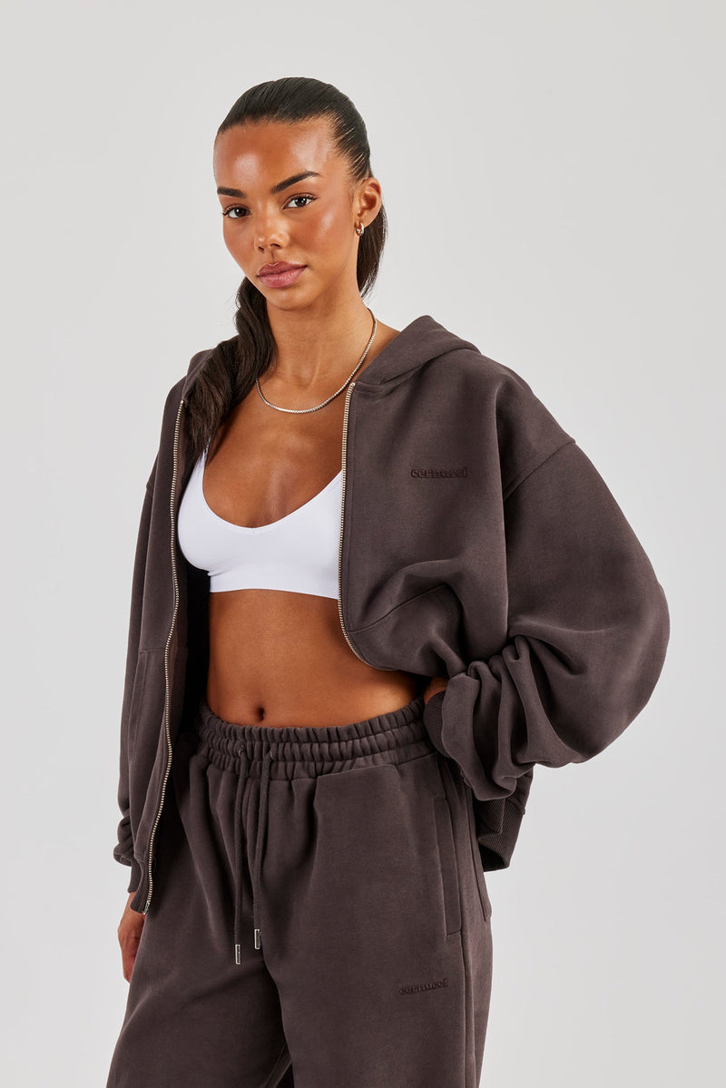 Oversized Zip Through Hoodie - Coffee