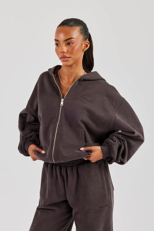 Oversized Zip Through Hoodie - Coffee