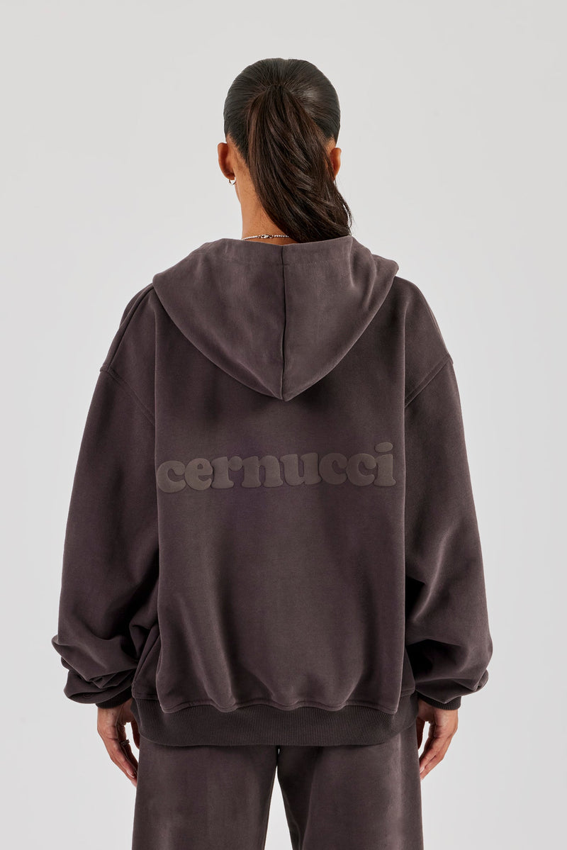 Oversized Zip Through Hoodie - Coffee