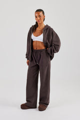 Oversized Zip Through Hoodie & Wide Leg Jogger - Coffee