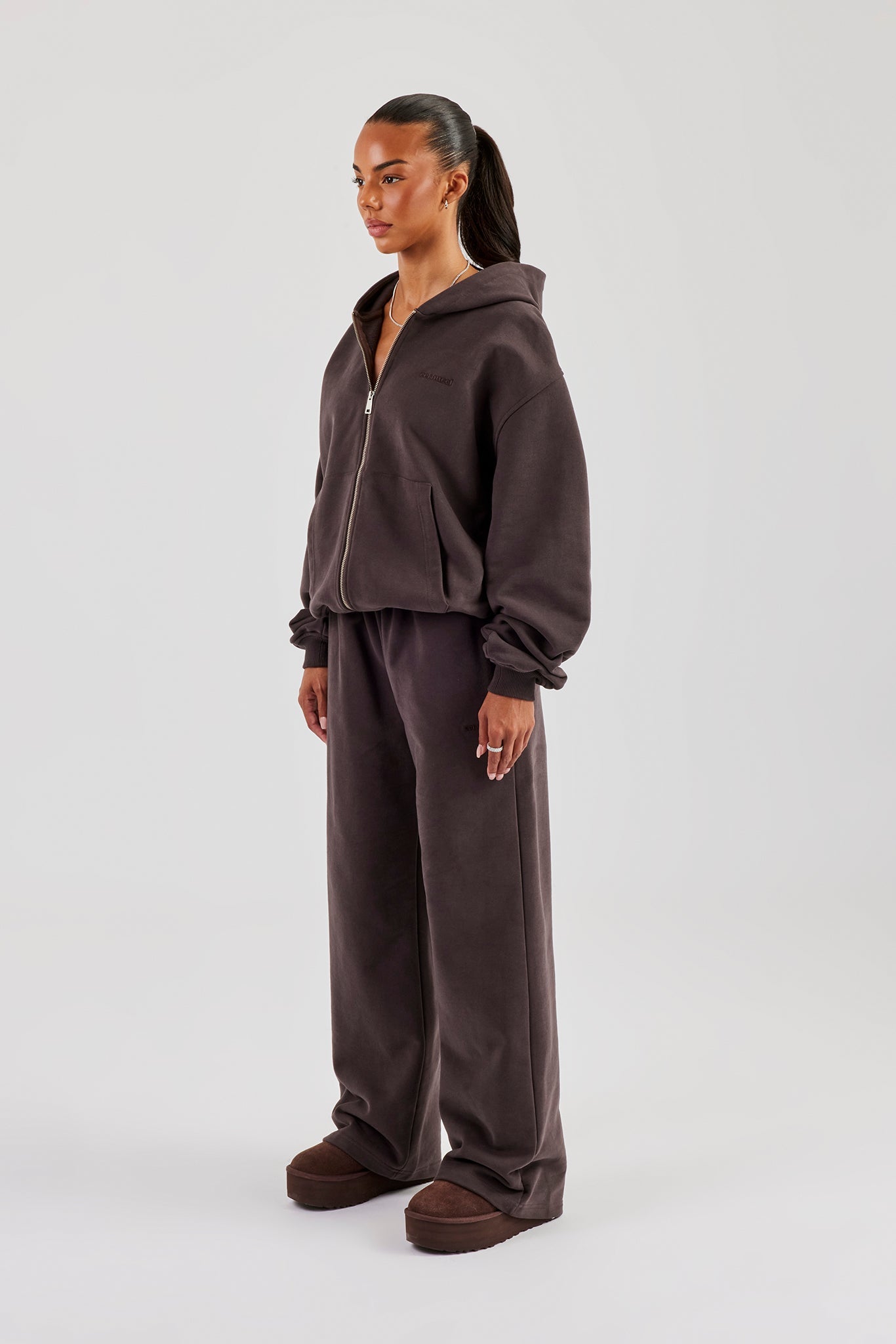 Oversized Zip Through Hoodie & Wide Leg Jogger - Coffee