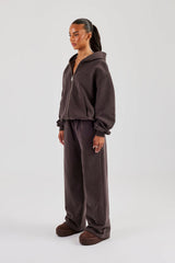 Oversized Zip Through Hoodie & Wide Leg Jogger - Coffee