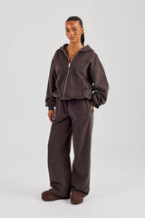 Oversized Zip Through Hoodie & Wide Leg Jogger - Coffee