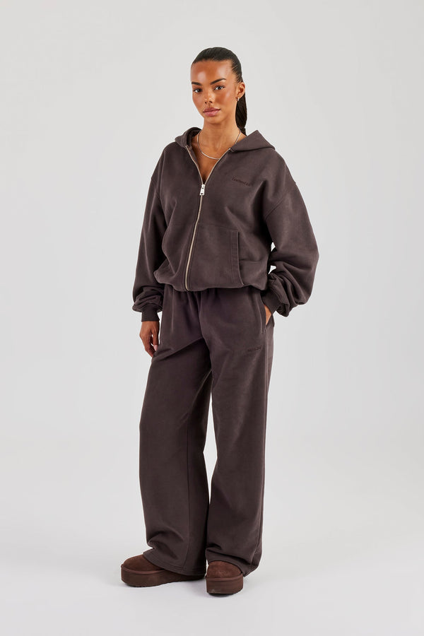 Oversized Zip Through Hoodie & Wide Leg Jogger - Coffee