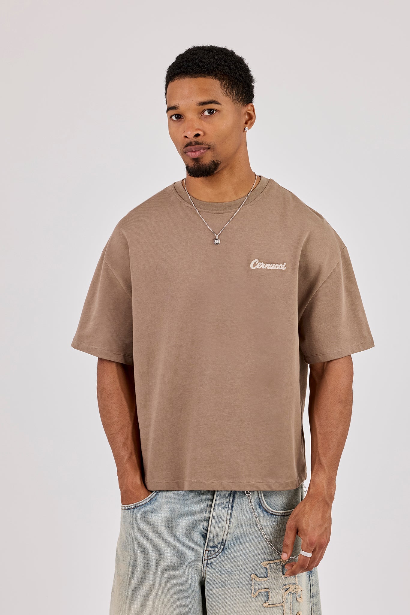 Brazil Map Chain Stitch Boxy T-Shirt - Taupe