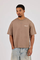 Brazil Map Chain Stitch Boxy T-Shirt - Taupe