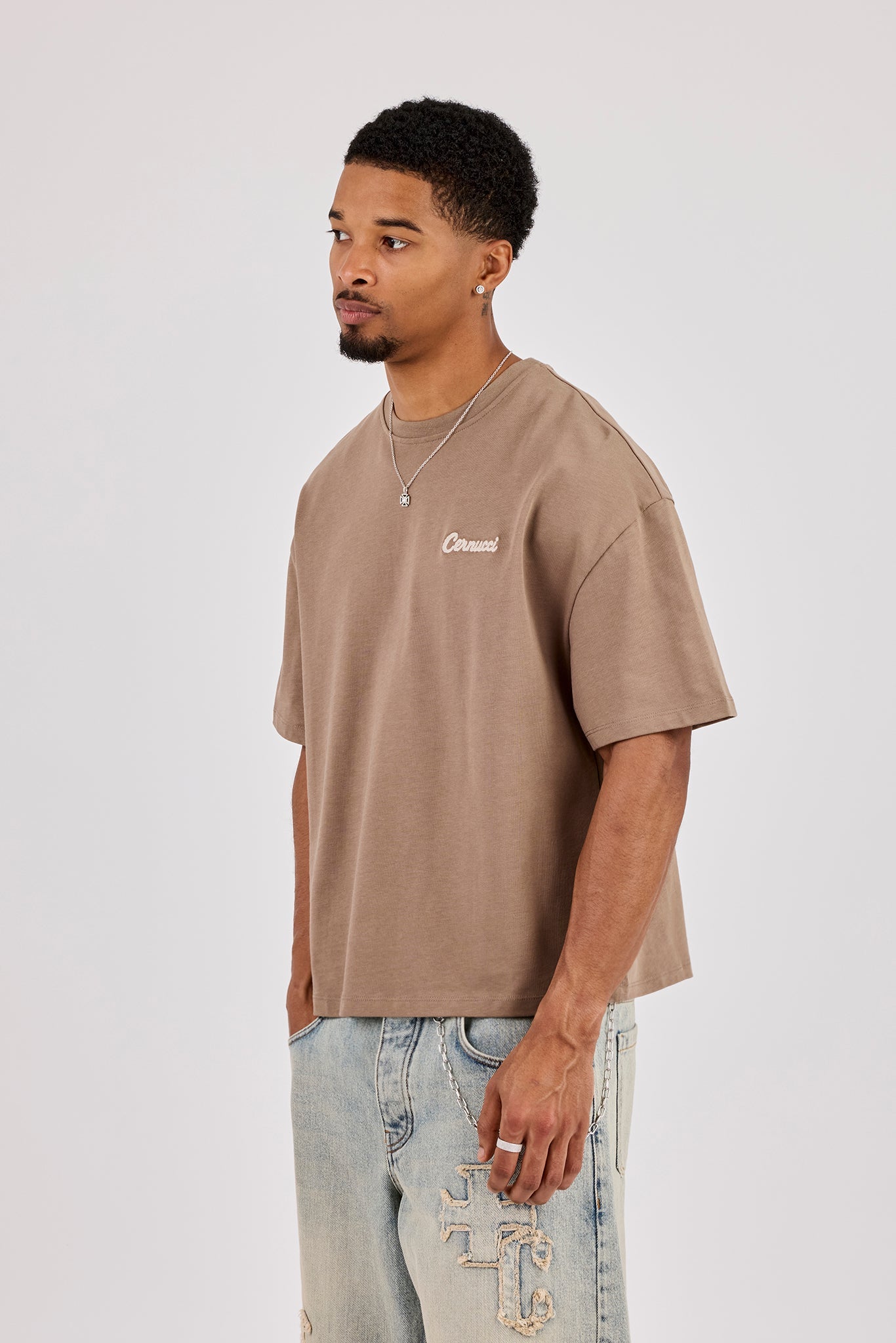 Brazil Map Chain Stitch Boxy T-Shirt - Taupe