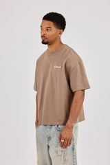 Brazil Map Chain Stitch Boxy T-Shirt - Taupe