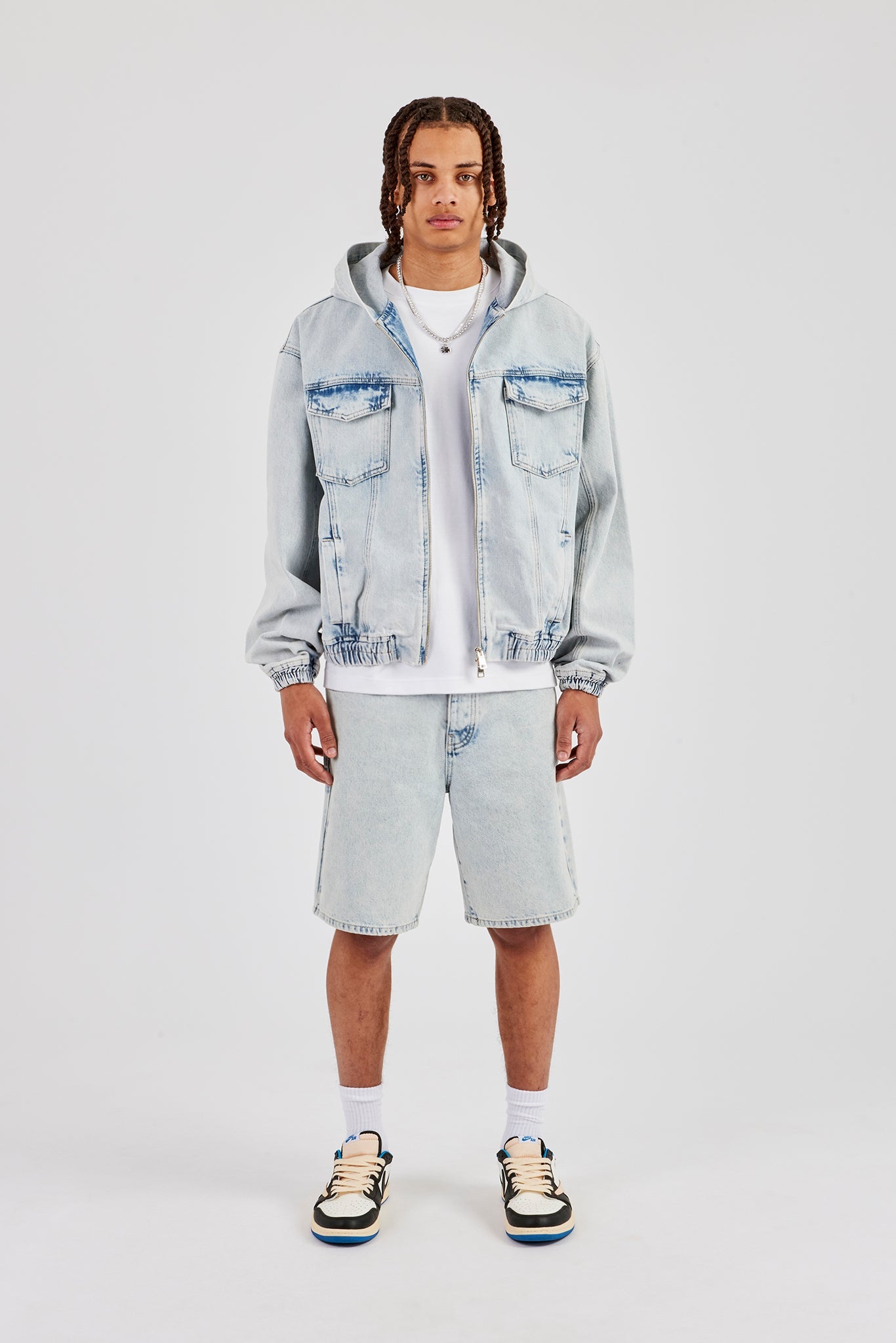 Denim Boxy Fit Zip Hoodie & Denim Jort - Ice Blue
