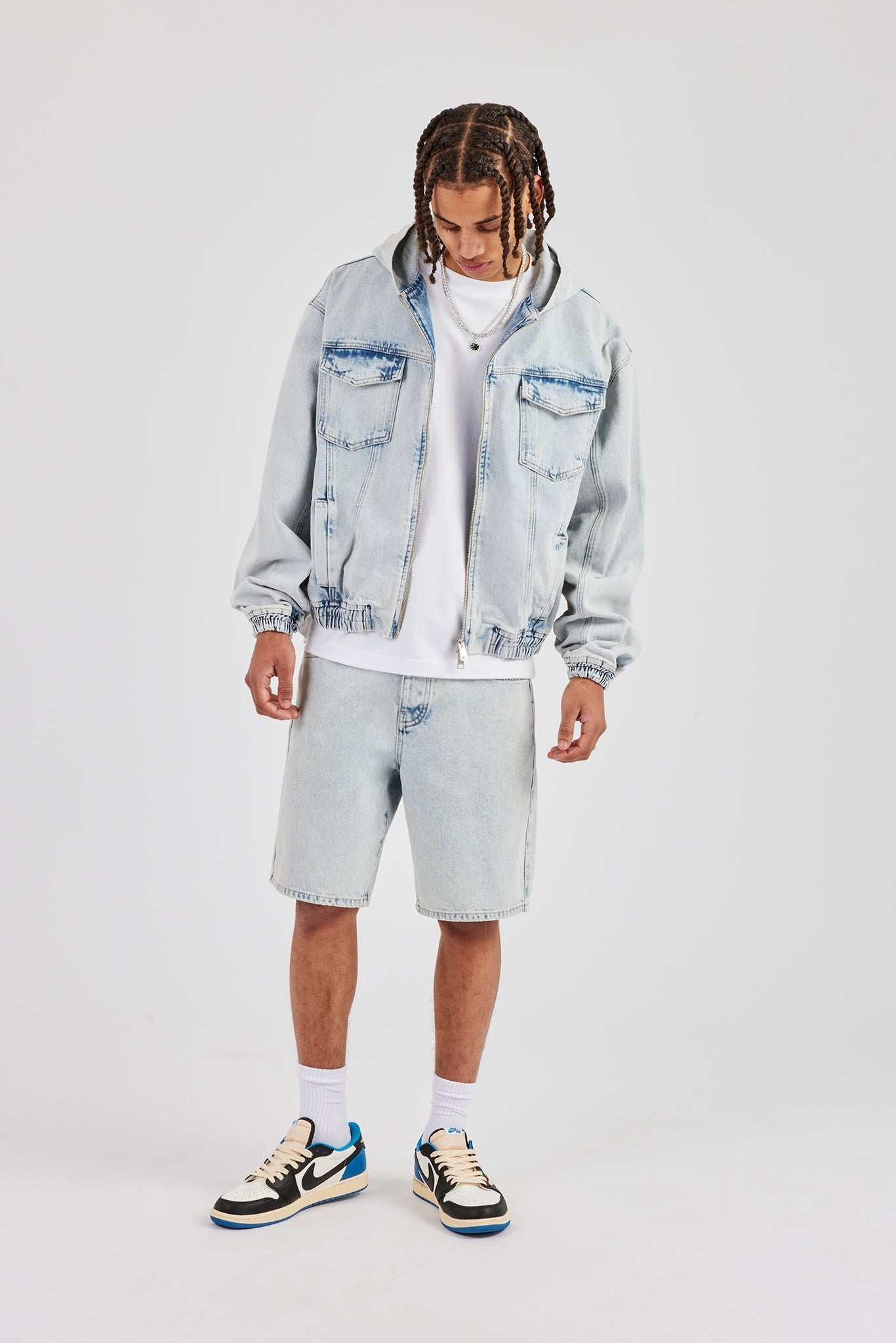 Denim Boxy Fit Zip Hoodie & Denim Jort - Ice Blue
