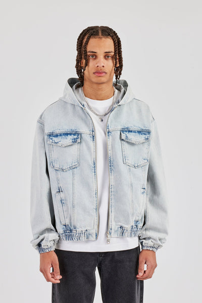 Denim Boxy Fit Zip Hoodie - Ice Blue | Mens Denim | Shop Denim