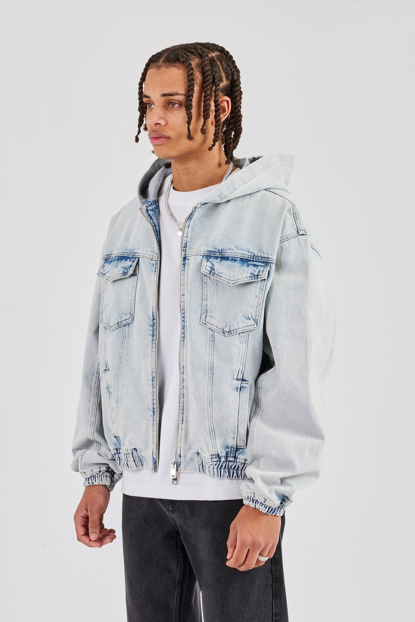 Denim Boxy Fit Zip Hoodie - Ice Blue