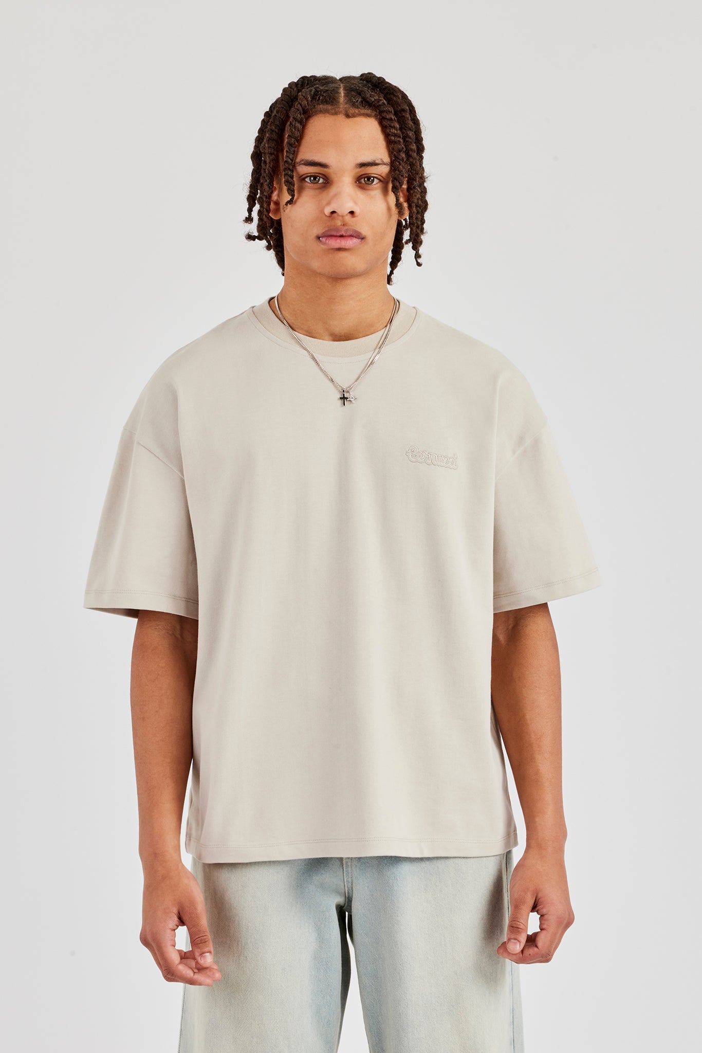Oversized Washed Logo Embroidered T-Shirt - Washed Stone