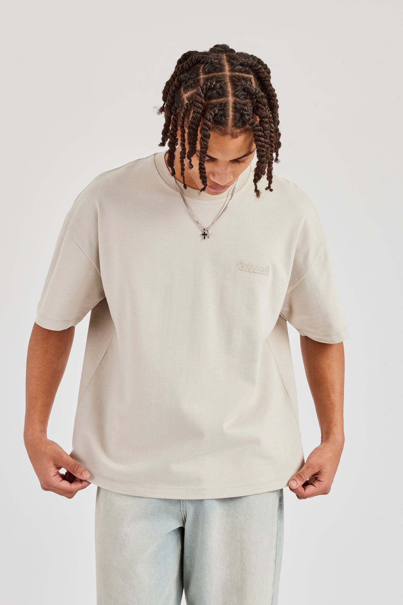 Oversized Washed Logo Embroidered T-Shirt - Washed Stone