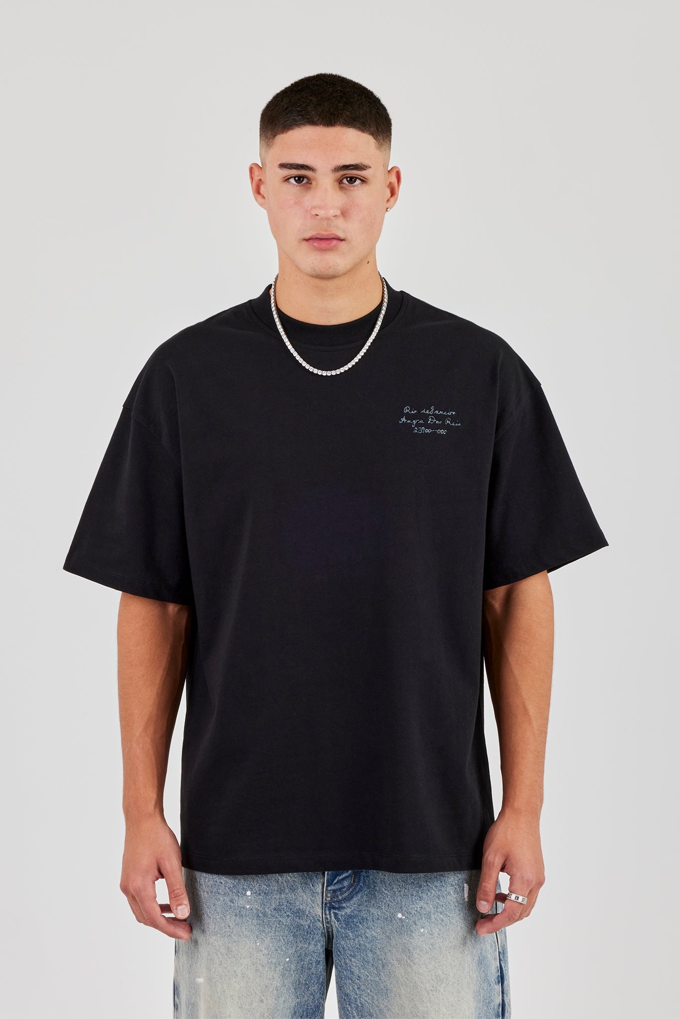 Oversized Embroidered Text T-Shirt - Black