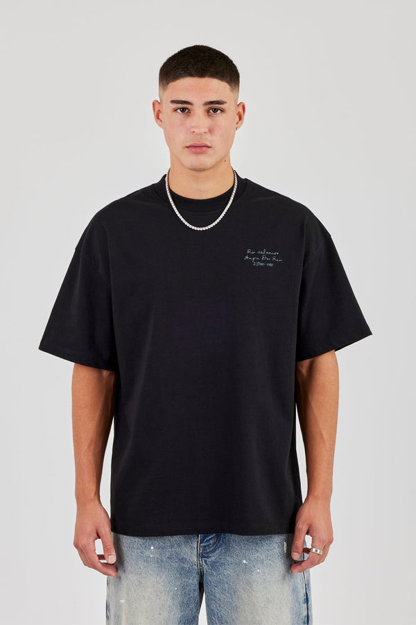 Oversized Embroidered Text T-Shirt - Black